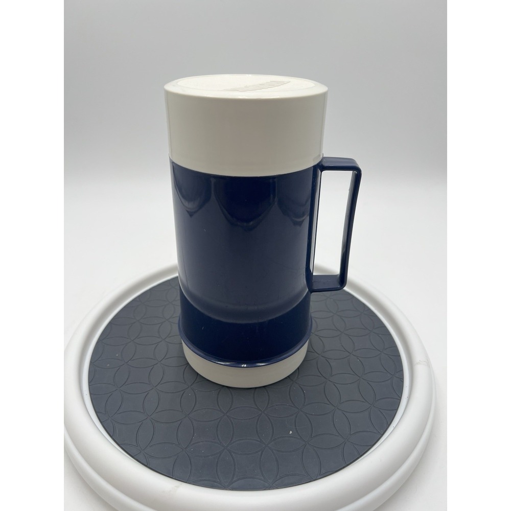 Vintage Thermos 16 Oz Insulated Food Jar Blue White Handle Cup Made Canada